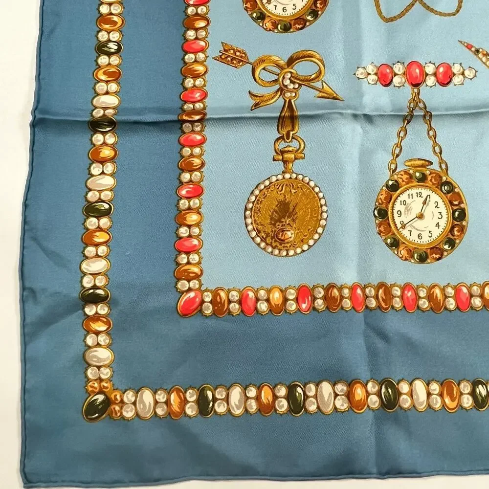 Christian Dior Silk Scarf Jewel & Watch Charm Pattern Blue 34.5